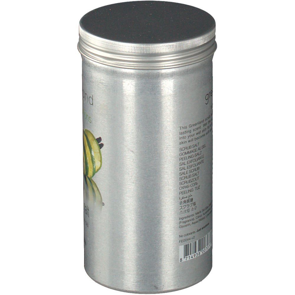 Zylindrische Dose mit Deckel. Aufschrift: greenland fruit emotions, scrub salt. Text in mehreren Sprachen. Etikett mit Barcode.