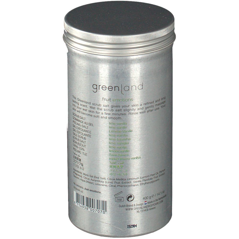 Zylindrische Dose mit Deckel. Aufschrift: greenland fruit emotions, scrub salt. Text in mehreren Sprachen. Inhaltsangabe und Logo.