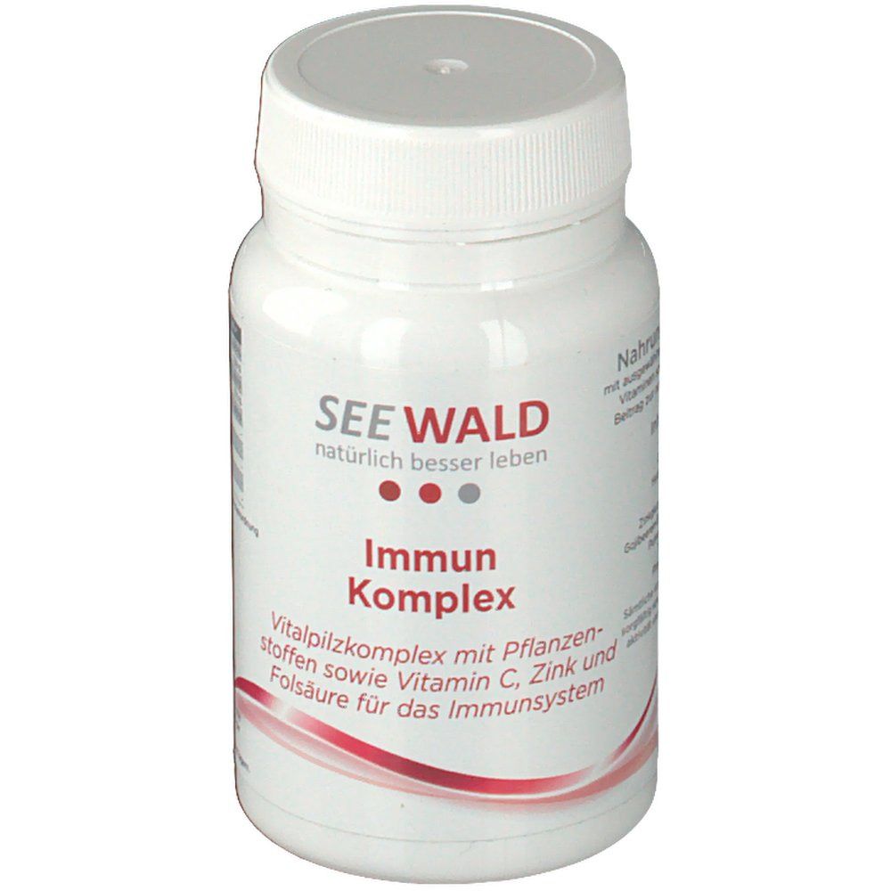 Weiße Flasche mit SEEWALD-Logo und Aufschrift 'Immun Komplex'. Enthält Vitalpilzkomplex, Vitamin C, Zink und Folsäure.
