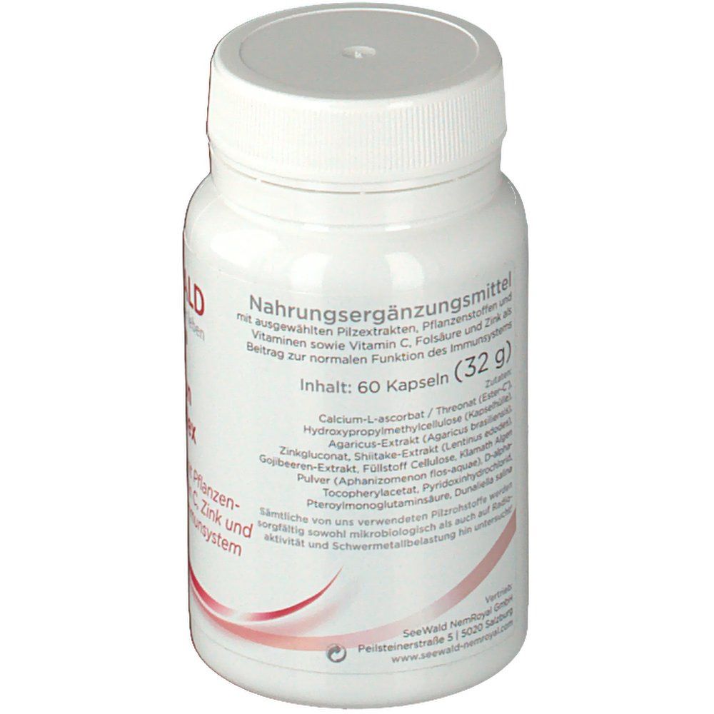 Weiße Flasche mit Etikett. Enthält 60 Kapseln. Text: Nahrungsergänzungsmittel. Inhaltsstoffe: Vitamin C, Zink, Folsäure. Gewicht: 32g.