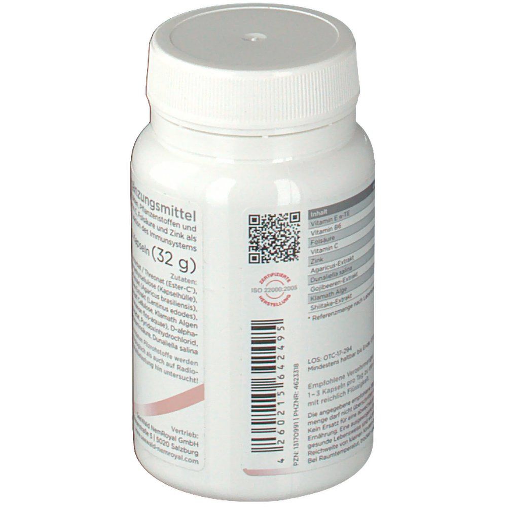 Weiße Flasche, Rückansicht. Etikett mit Inhaltsstoffen, QR-Code und ISO 22000:2005 Zertifizierung. Gewicht: 32g.