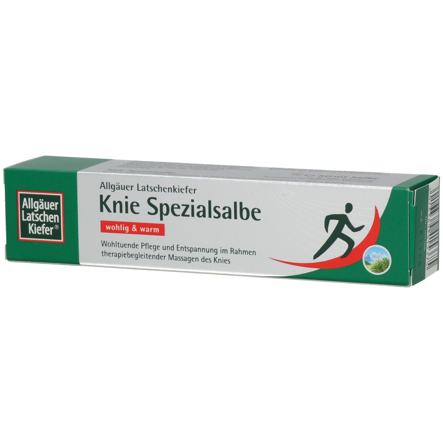 Grüne und silberne Verpackung. Aufschrift: Knie Spezialsalbe. Logo: Allgäuer Latschenkiefer. Abbildung eines Läufers.