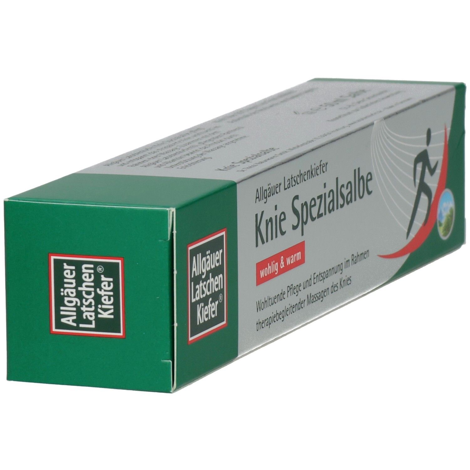 Grüne und silberne Verpackung. Aufschrift: Knie Spezialsalbe. Logo: Allgäuer Latschenkiefer. Abbildung eines Läufers.