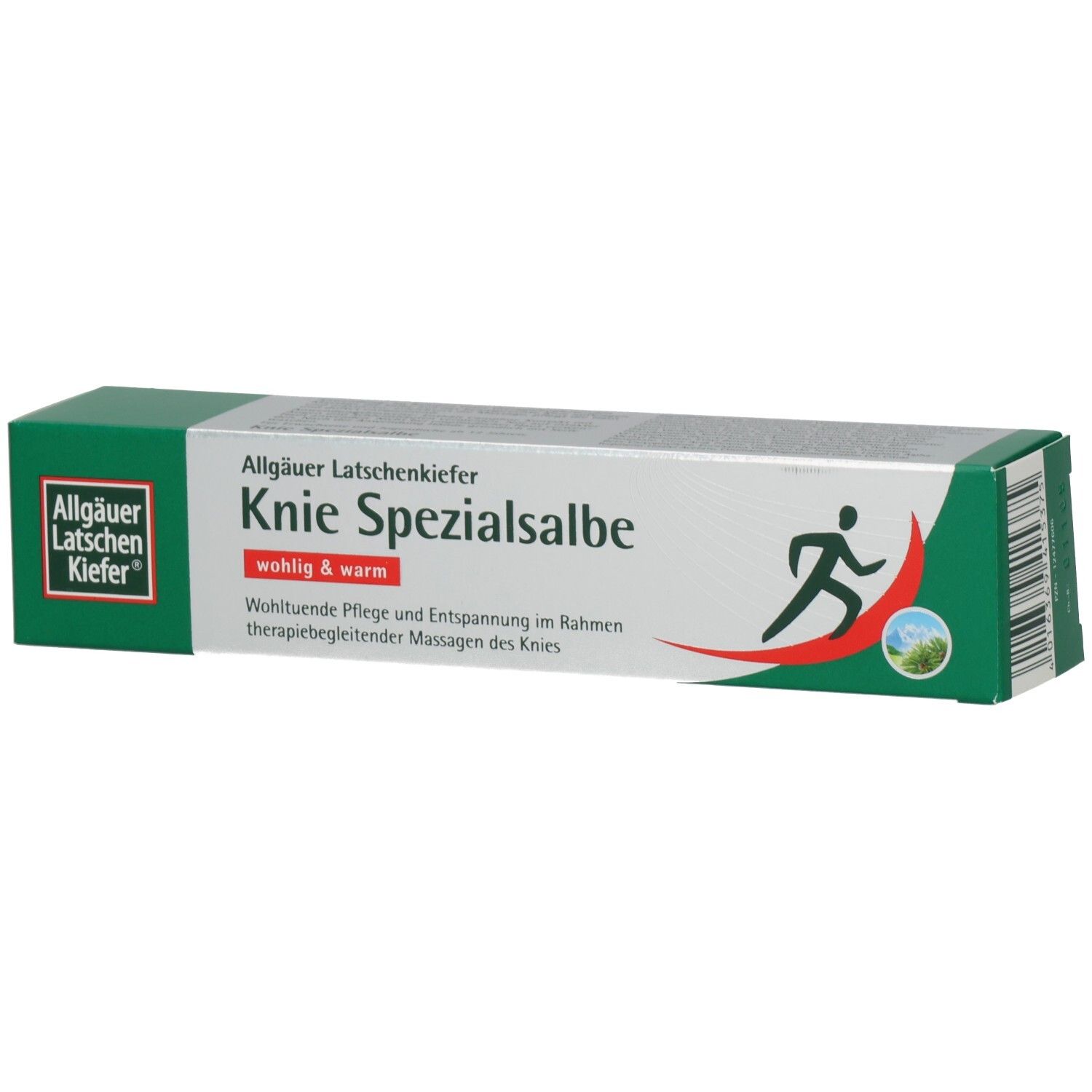 Grüne und silberne Verpackung. Aufschrift: Knie Spezialsalbe. Logo: Allgäuer Latschenkiefer. Abbildung eines Läufers.