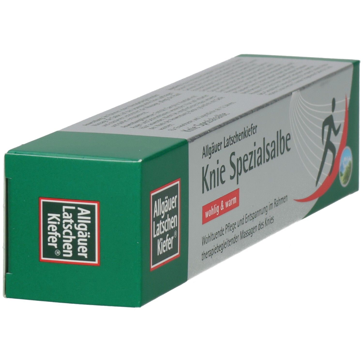Grüne und silberne Verpackung. Aufschrift: Knie Spezialsalbe. Logo: Allgäuer Latschenkiefer. Abbildung eines Läufers.