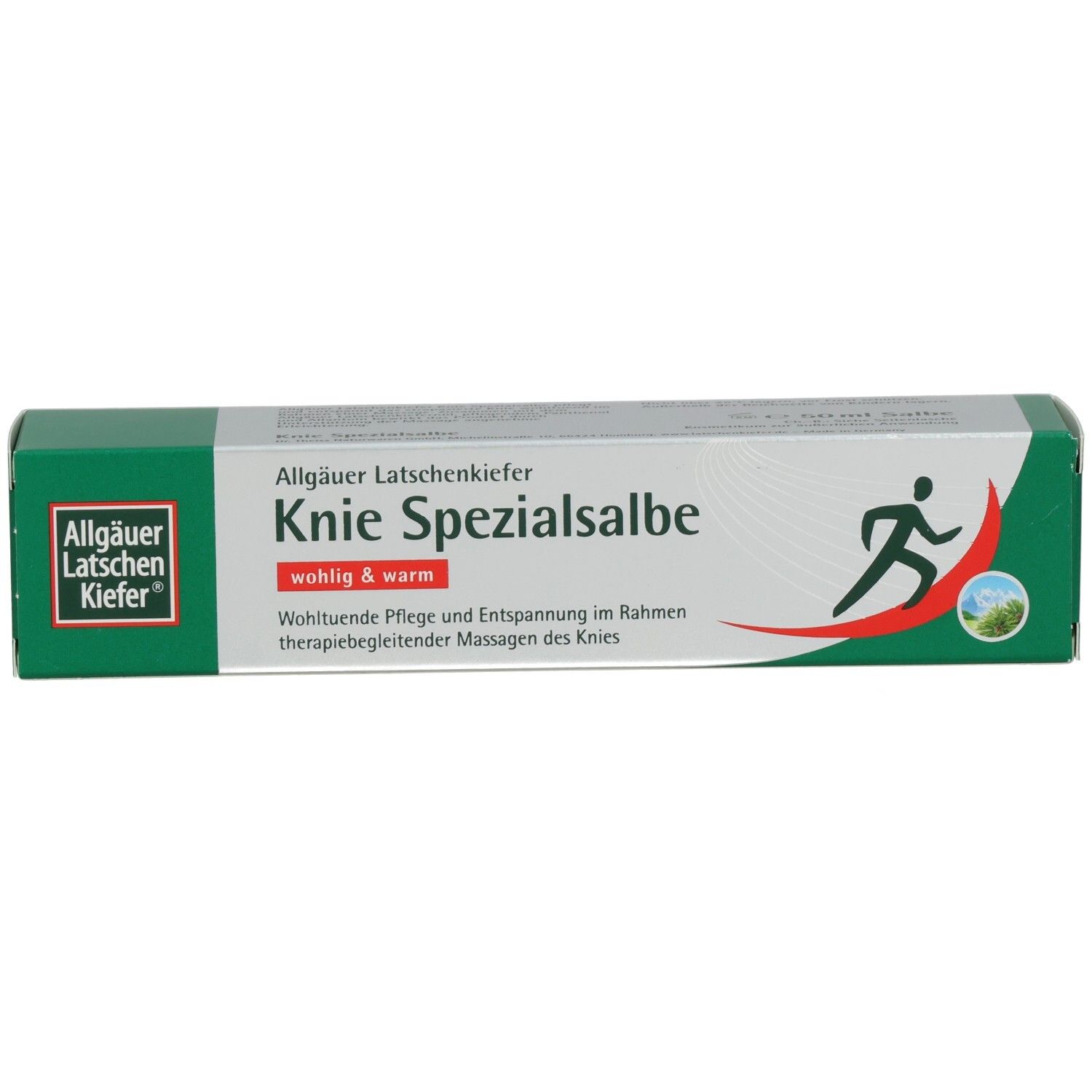 Grüne und silberne Verpackung. Aufschrift: Knie Spezialsalbe. Logo: Allgäuer Latschenkiefer. Abbildung eines Läufers.