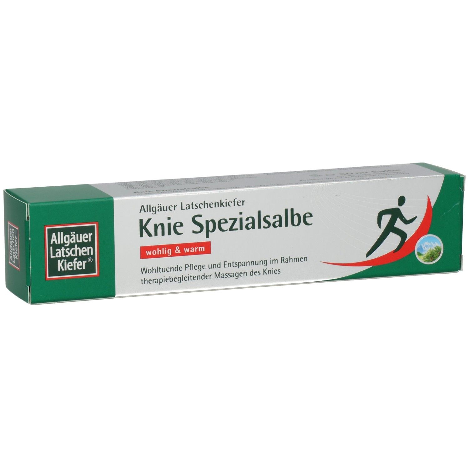 Grüne und silberne Verpackung. Aufschrift: Knie Spezialsalbe. Logo: Allgäuer Latschenkiefer. Abbildung eines Läufers.