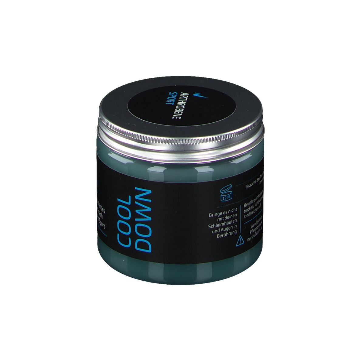 Dose mit blauem Gel. Deckel mit silbernem Rand. Aufschrift: ARTHROBENE SPORT COOL DOWN.