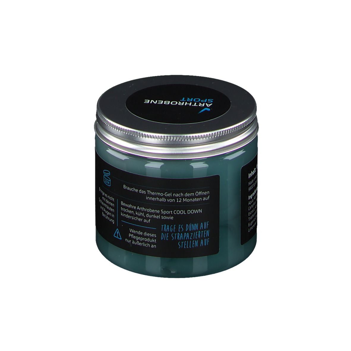 Dose mit blauem Gel. Deckel mit silbernem Rand. Aufschrift: ARTHROBENE SPORT COOL DOWN. Text.