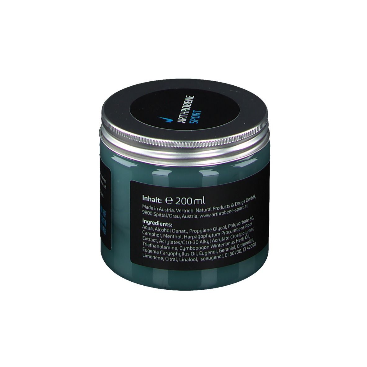 Dose mit blauem Gel. Deckel mit silbernem Rand. Aufschrift: ARTHROBENE SPORT. Inhalt: 200 ml. Zutatenliste.