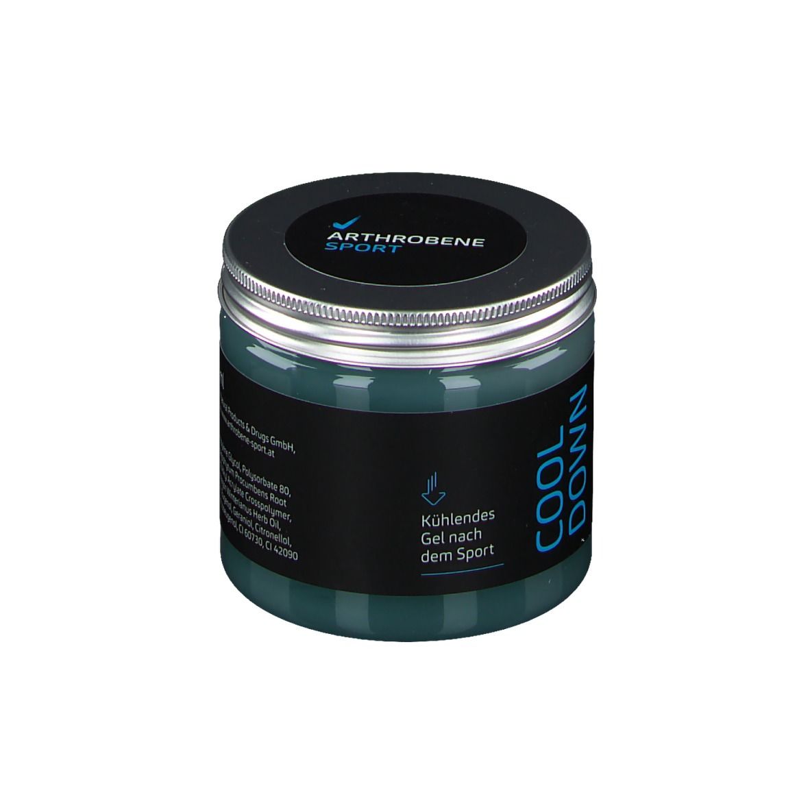 Dose mit blauem Gel. Deckel mit silbernem Rand. Aufschrift: ARTHROBENE SPORT COOL DOWN. Text.