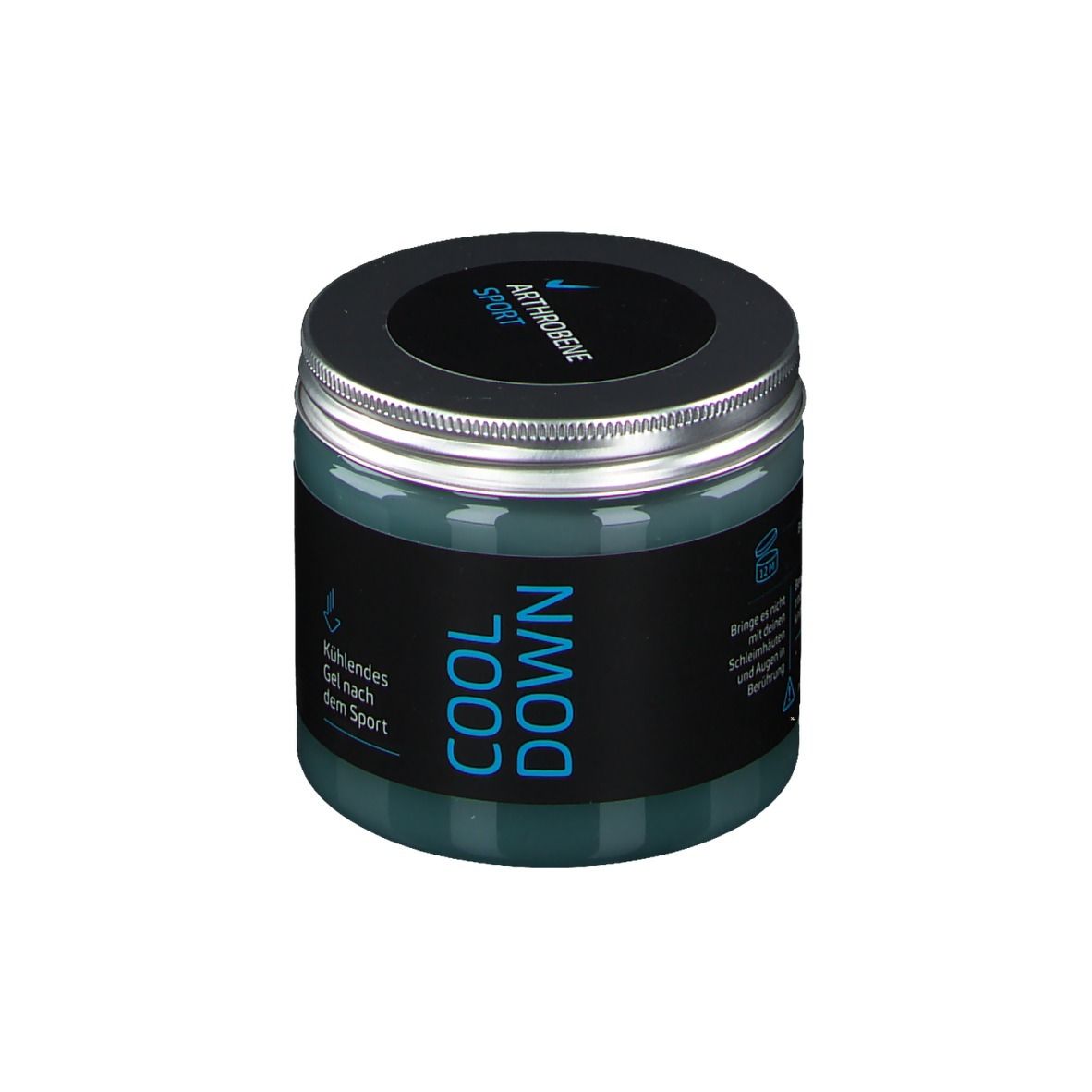 Dose mit blauem Gel. Deckel mit silbernem Rand. Aufschrift: ARTHROBENE SPORT COOL DOWN. Text.