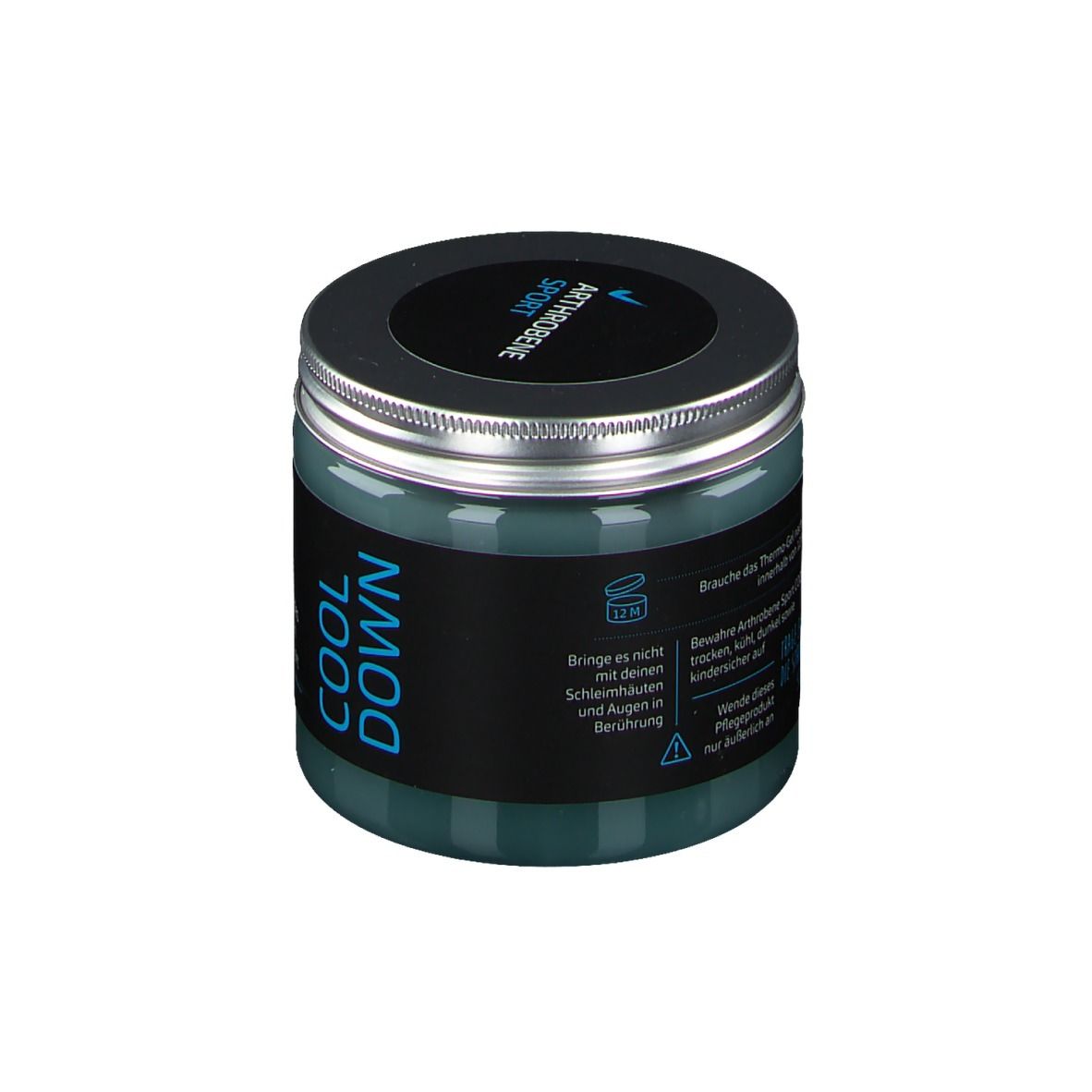 Dose mit blauem Gel. Deckel mit silbernem Rand. Aufschrift: ARTHROBENE SPORT COOL DOWN. Text.