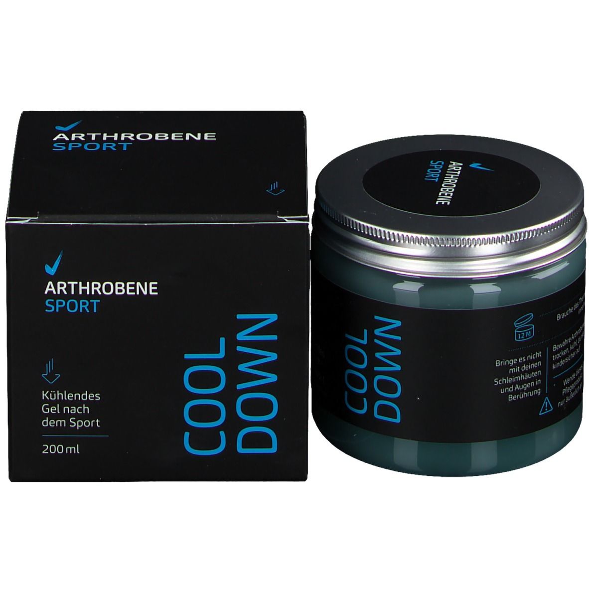 Dose und Schachtel mit blauem Gel. Aufschrift: ARTHROBENE SPORT COOL DOWN. 200 ml.