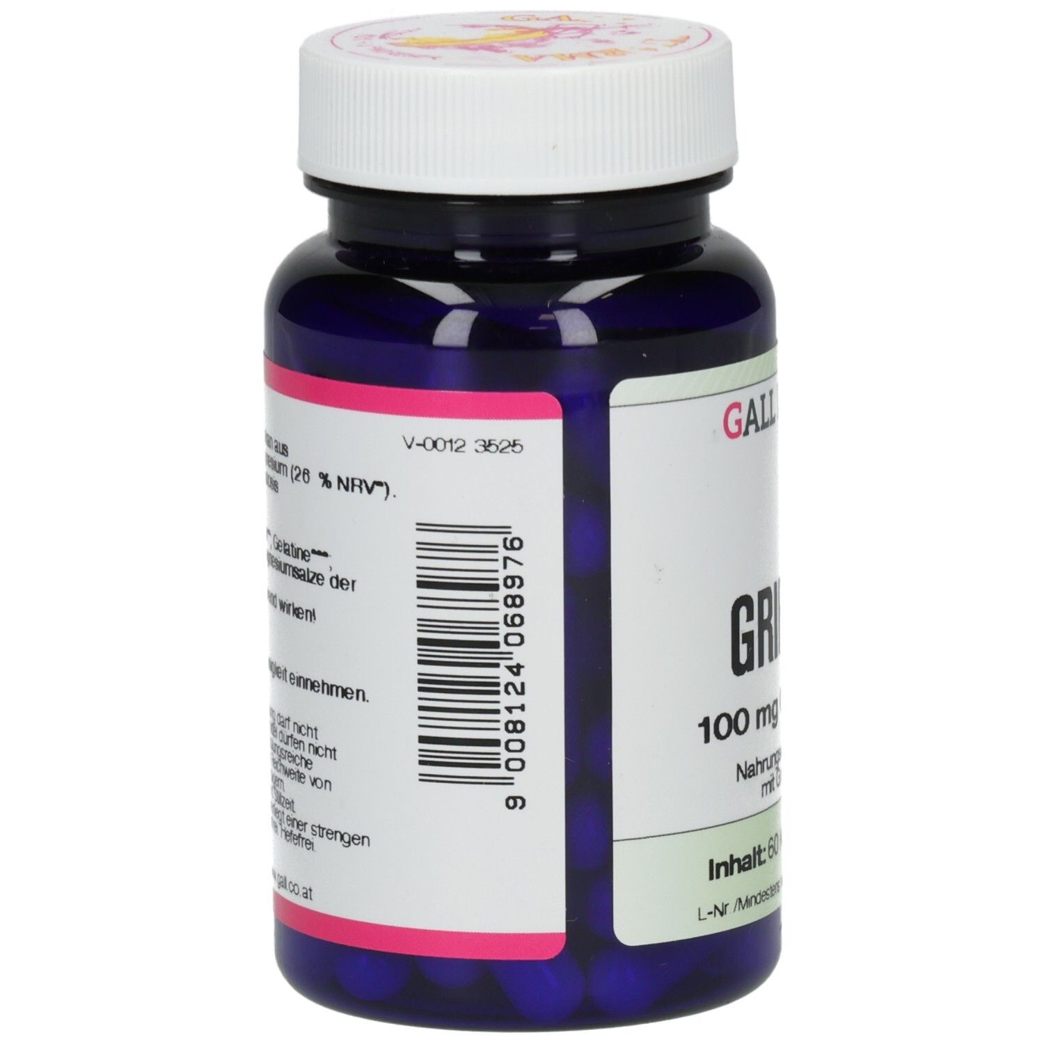 Rückseite der Flasche. Barcode und Text. Aufschrift: GRIFFONIA 100 mg GPH Kapseln. Enthält 60 Kapseln.