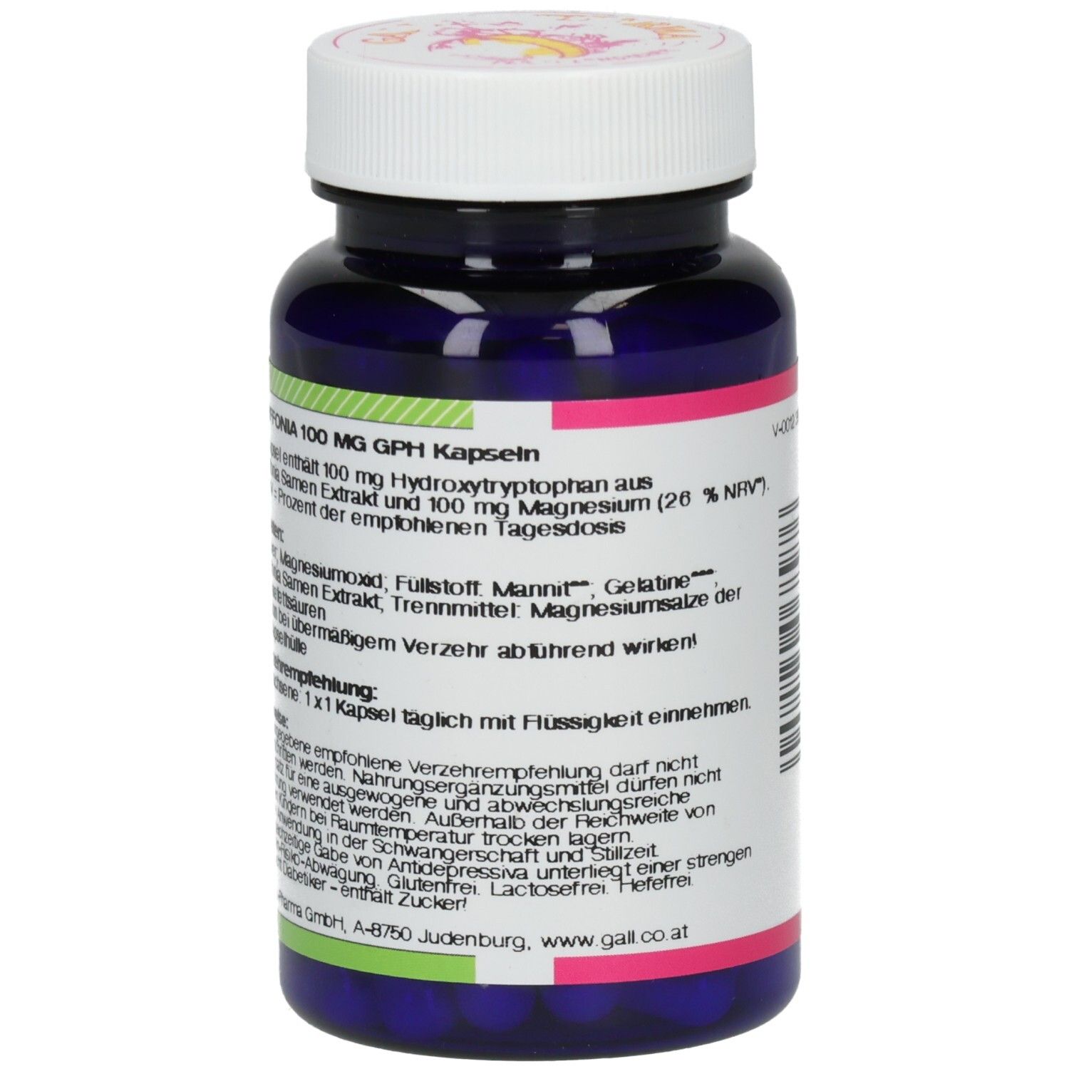 Rückseite der Flasche mit Text. Aufschrift: GRIFFONIA 100 mg GPH Kapseln. Enthält 60 Kapseln.