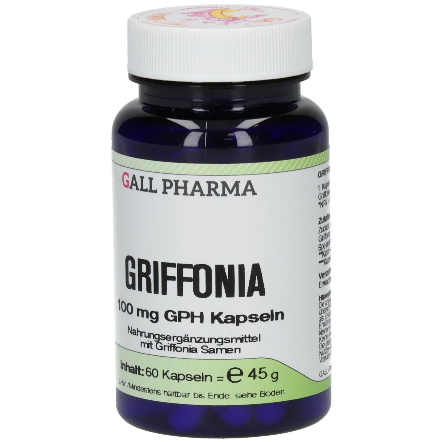 Dunkelblaue Flasche mit weißem Deckel. Aufschrift: GRIFFONIA 100 mg GPH Kapseln. Enthält 60 Kapseln.