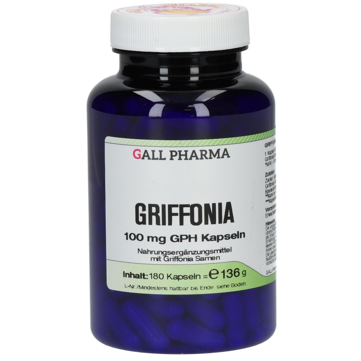 Blaue Flasche mit weißen Deckel. Aufschrift: GRIFFONIA 100 mg GPH Kapseln. Nahrungsergänzungsmittel. Inhalt: 180 Kapseln.