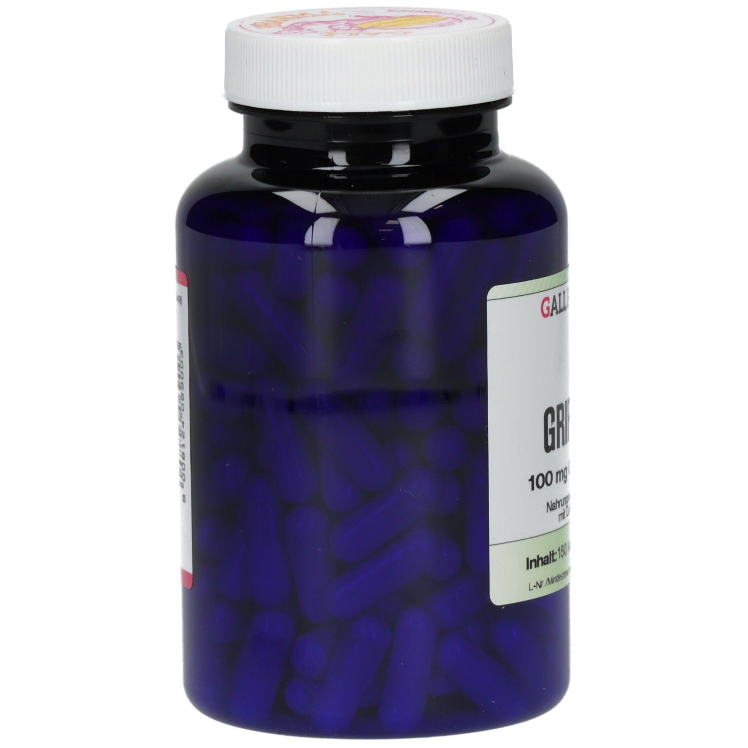 Blaue Flasche mit weißen Deckel. Kapseln sichtbar. Aufschrift: GRIFFONIA 100 mg GPH Kapseln. Nahrungsergänzungsmittel.
