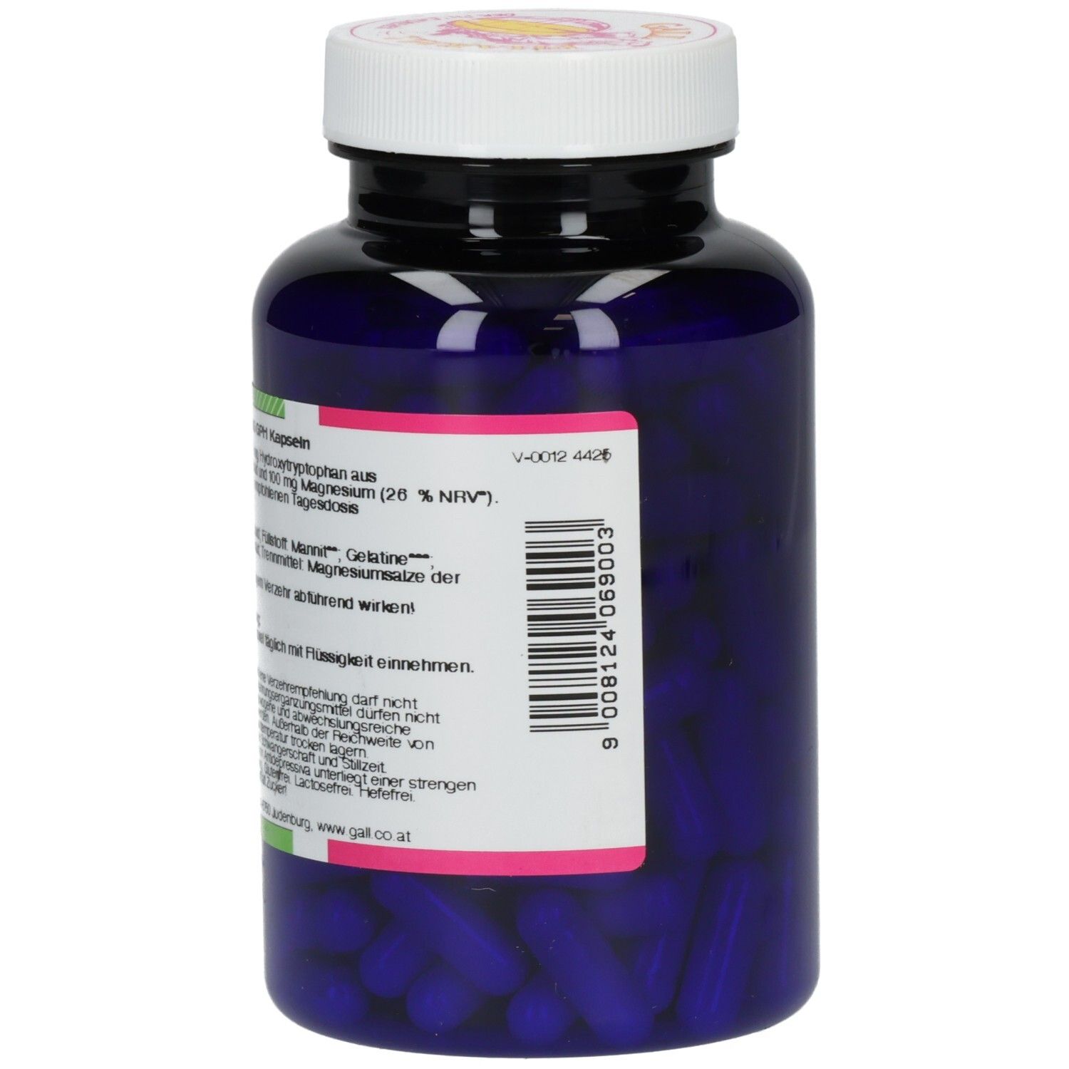 Blaue Flasche mit weißen Deckel. Rückseite mit Text. Aufschrift: GRIFFONIA 100 mg GPH Kapseln. Nahrungsergänzungsmittel.