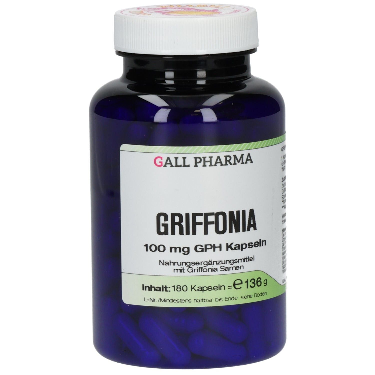 Blaue Flasche mit weißen Deckel. Aufschrift: GRIFFONIA 100 mg GPH Kapseln. Nahrungsergänzungsmittel. Inhalt: 180 Kapseln.