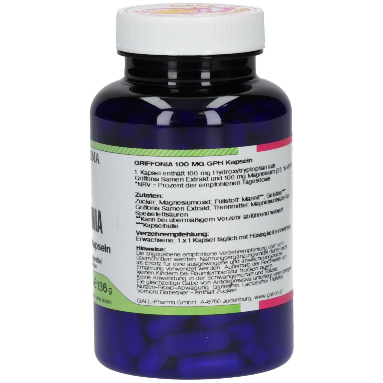 Blaue Flasche mit weißen Deckel. Rückseite mit Text. Aufschrift: GRIFFONIA 100 mg GPH Kapseln. Nahrungsergänzungsmittel.