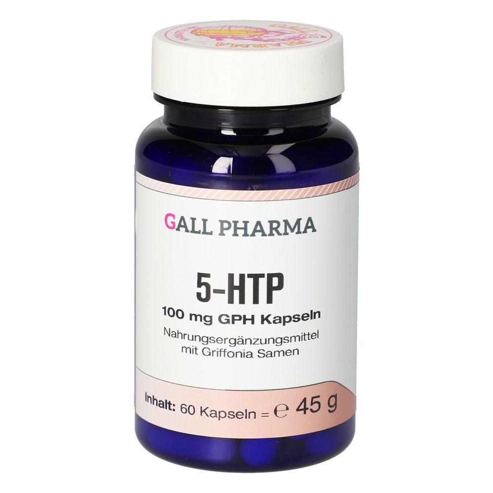Blaue Flasche mit weißem Etikett. Aufschrift: GALL PHARMA, 5-HTP, 100 mg GPH Kapseln. Inhalt: 60 Kapseln.