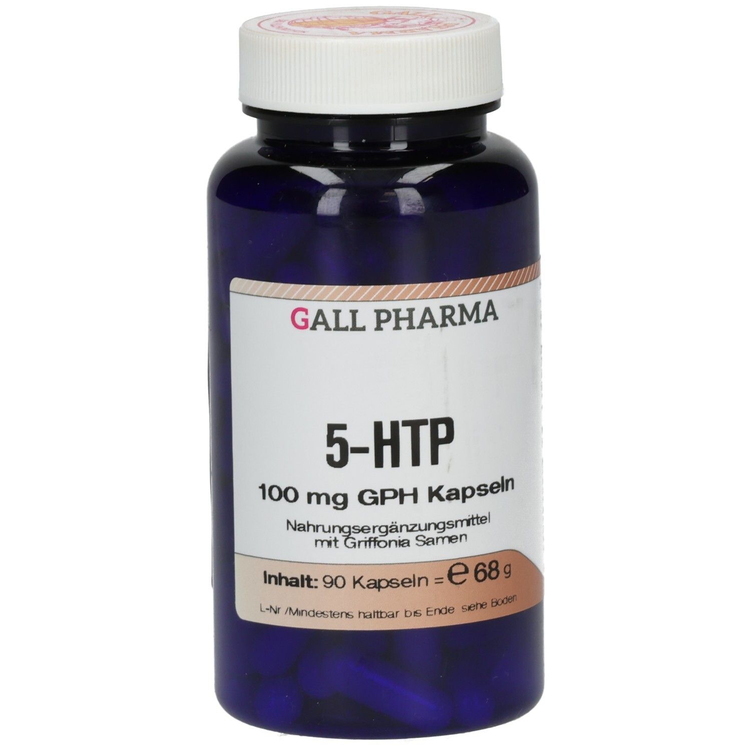 Dunkelblaue Kapsel mit weißem Deckel, Etikett zeigt 5-HTP 100 mg GPH Kapseln.