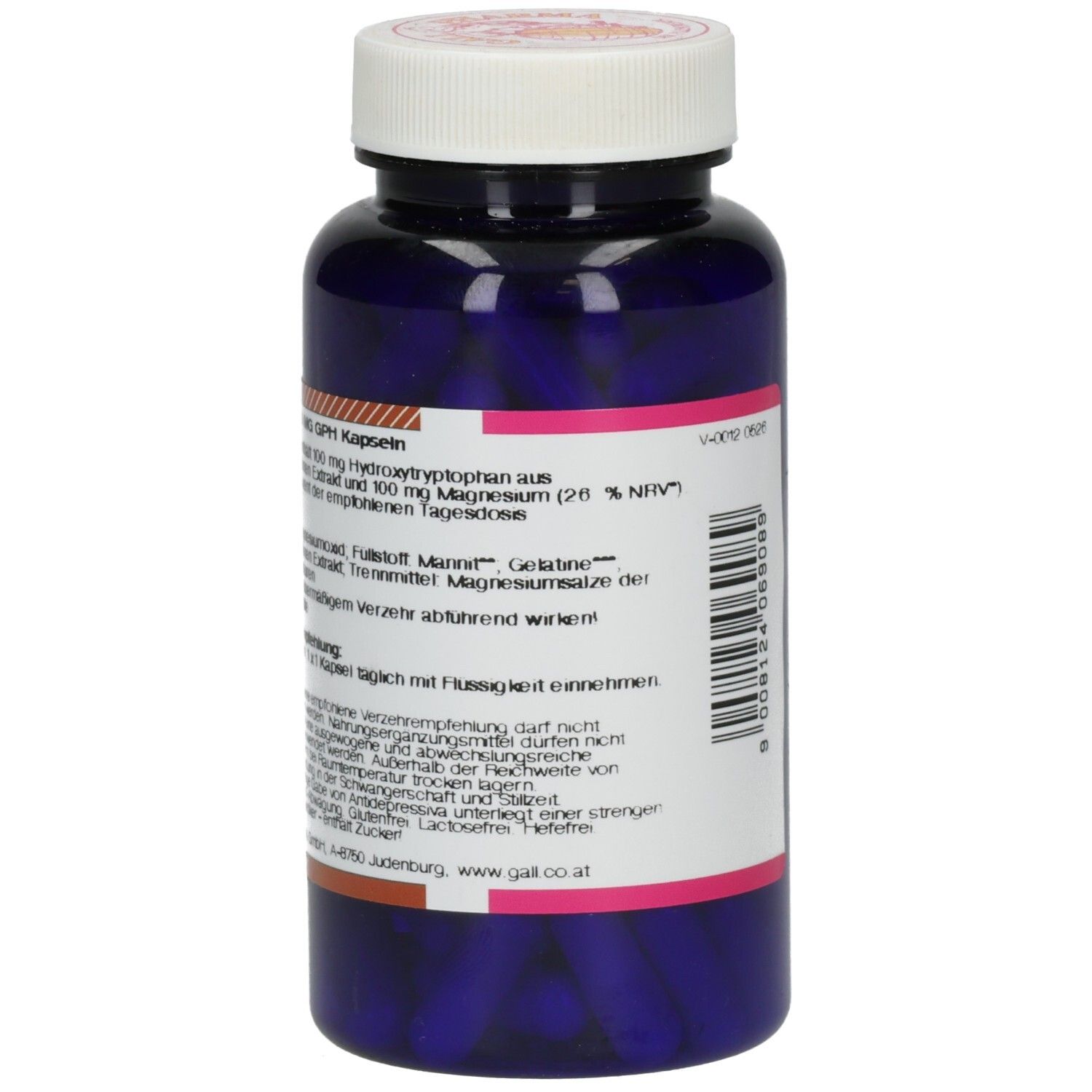 Rückseite der dunkelblauen Kapselpackung mit Etikett, das Inhaltsstoffe und Anwendung zeigt.