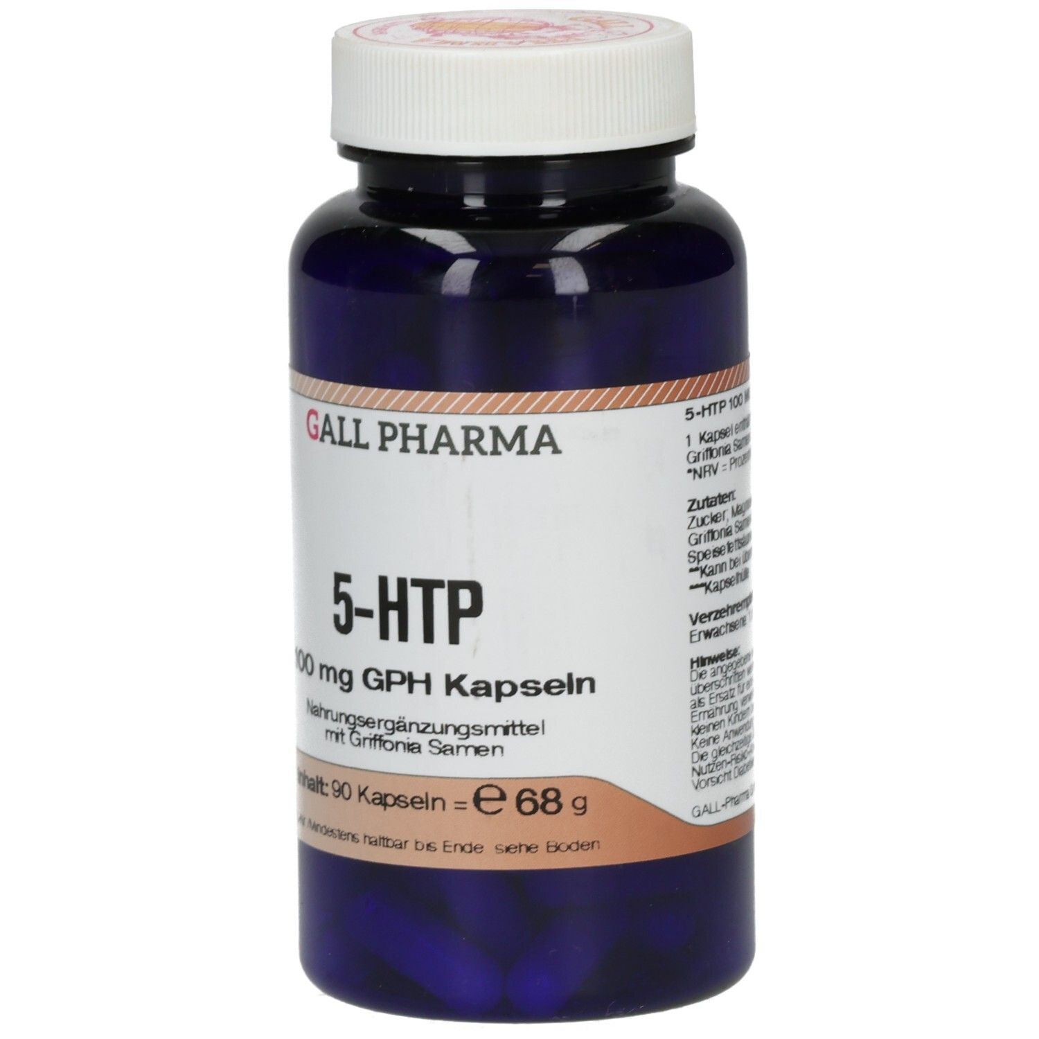 Dunkelblaue Kapsel mit weißem Deckel, Etikett zeigt 5-HTP 100 mg GPH Kapseln und Inhalt.