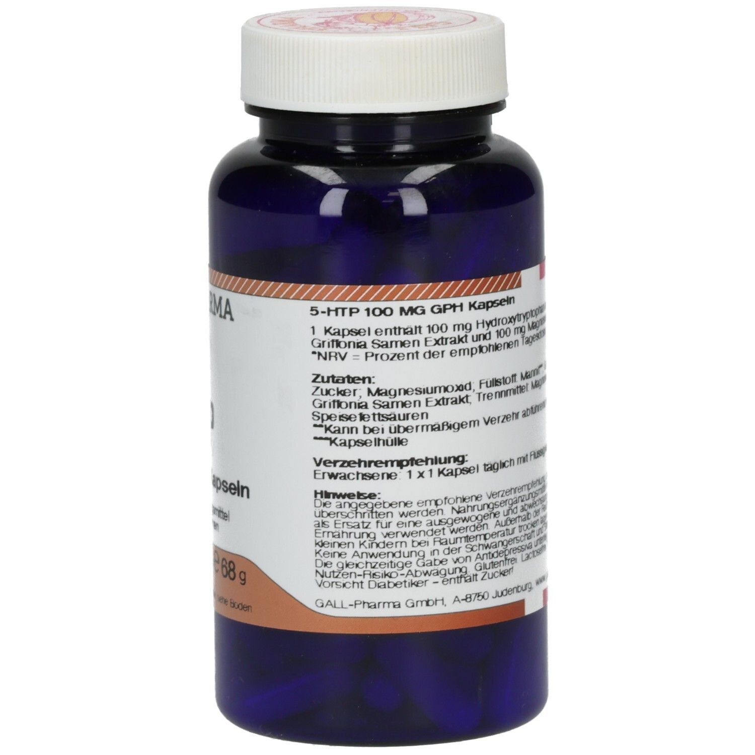 Dunkelblaue Kapselpackung mit Etikett, das 5-HTP 100 mg GPH Kapseln und Anwendungshinweise zeigt.