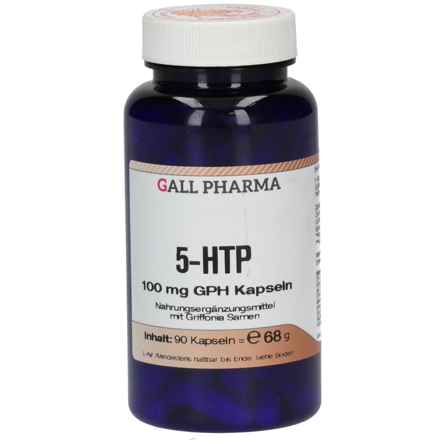 Dunkelblaue Kapsel mit weißem Deckel, Etikett zeigt GALL PHARMA 5-HTP 100 mg GPH Kapseln.