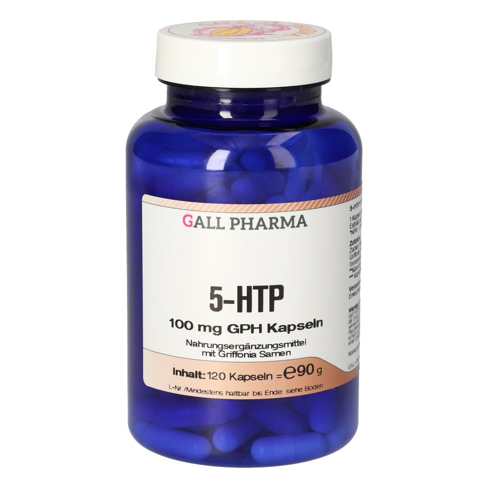 Blaue Flasche mit weißen Deckel. Aufschrift: GALL PHARMA, 5-HTP, 100 mg GPH Kapseln. Inhalt: 120 Kapseln.