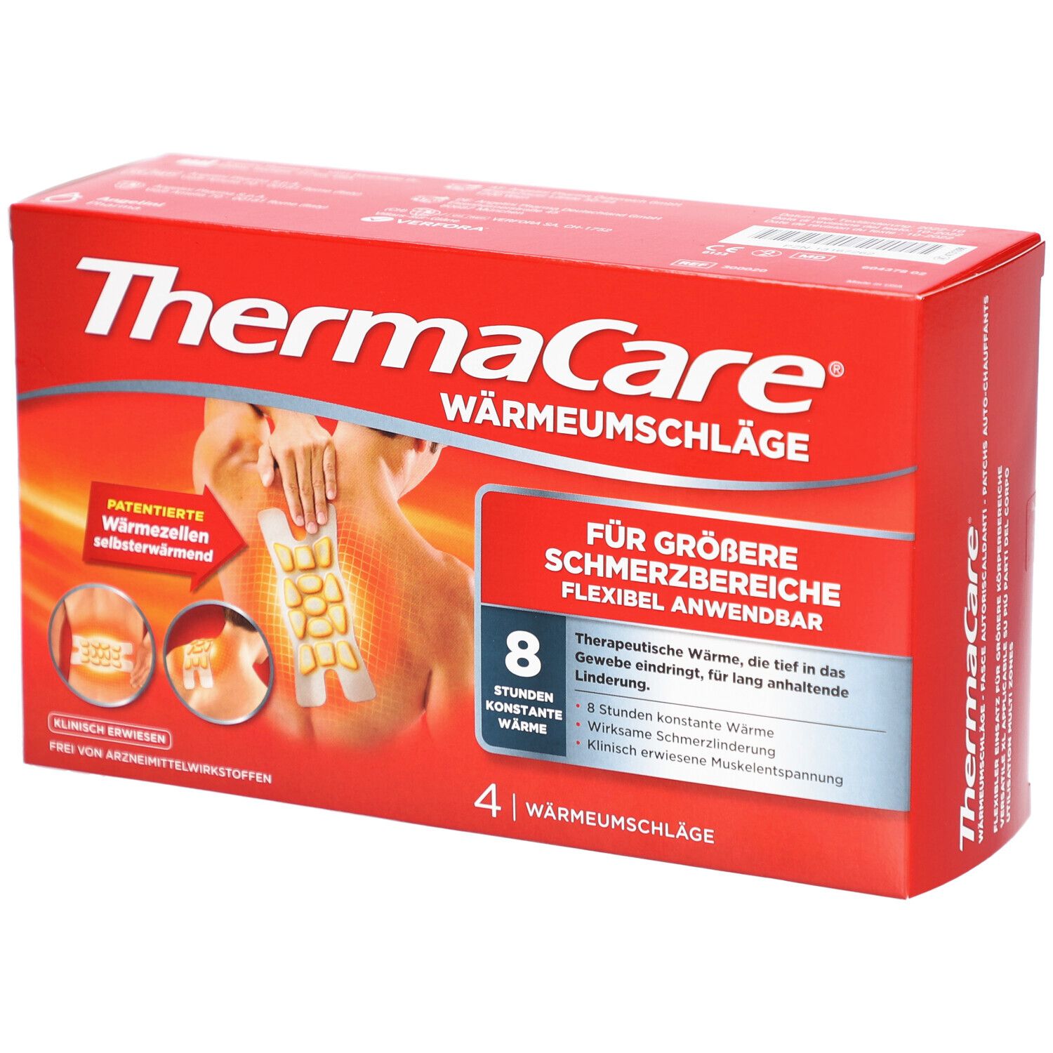 Rote ThermaCare®-Verpackung mit Wärmepflastern. Zeigt eine Abbildung des Produkts auf dem Rücken. Text: Für größere Schmerzbereiche.