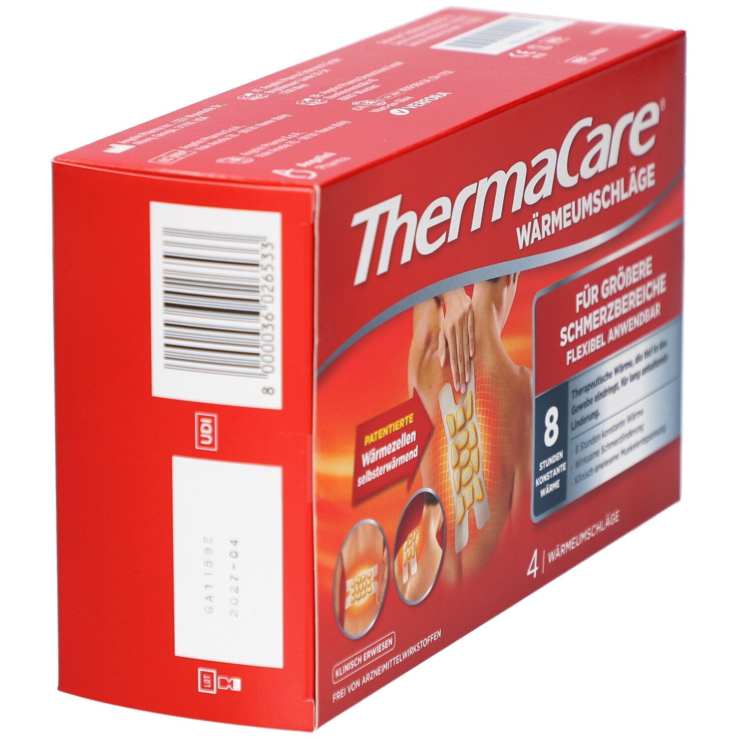Rote ThermaCare®-Verpackung mit Wärmepflastern. Zeigt eine Abbildung des Produkts auf dem Rücken. Text: Für größere Schmerzbereiche.