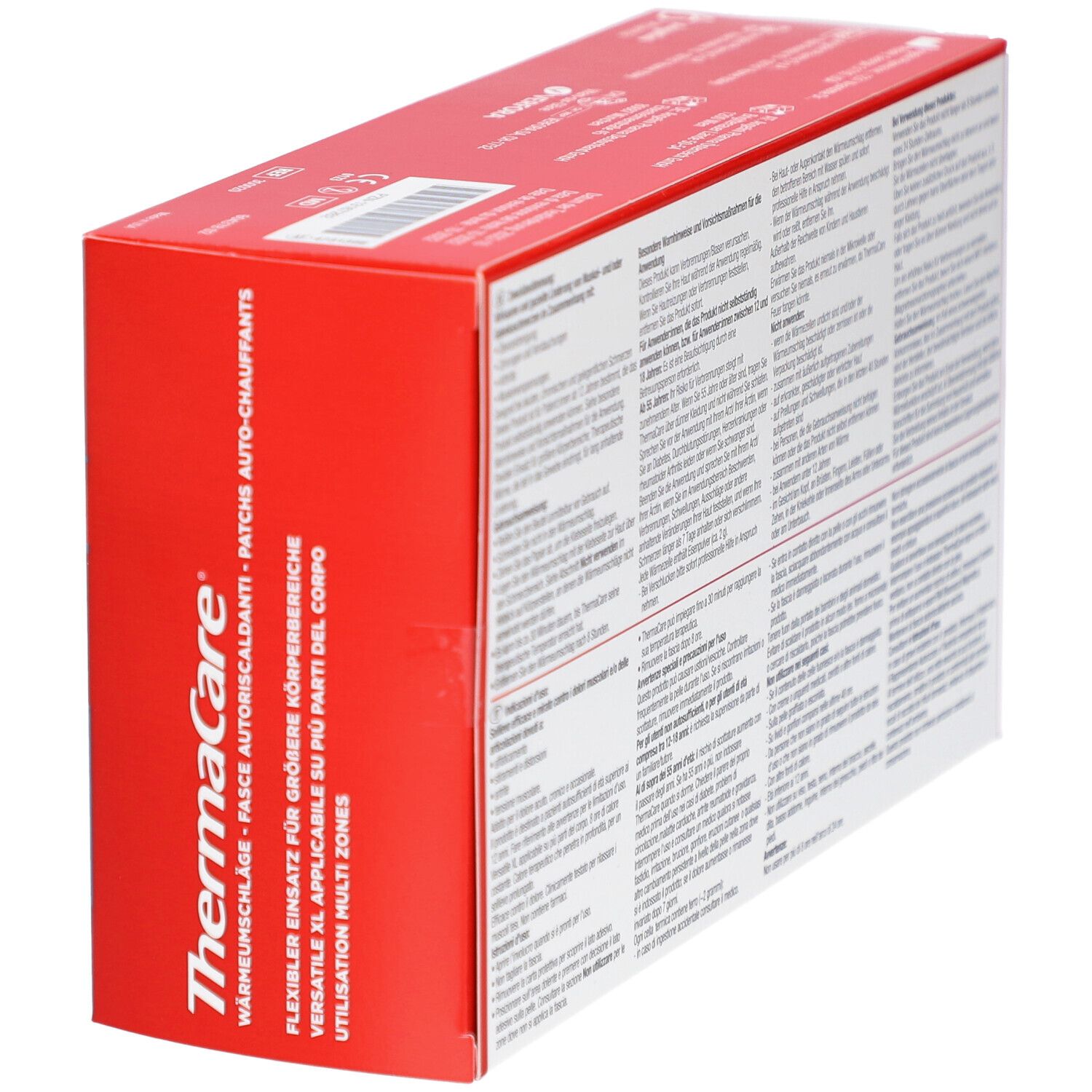 Rote ThermaCare®-Verpackung mit Wärmepflastern. Schräge Ansicht der Rückseite mit Text. Produktname und Logos.