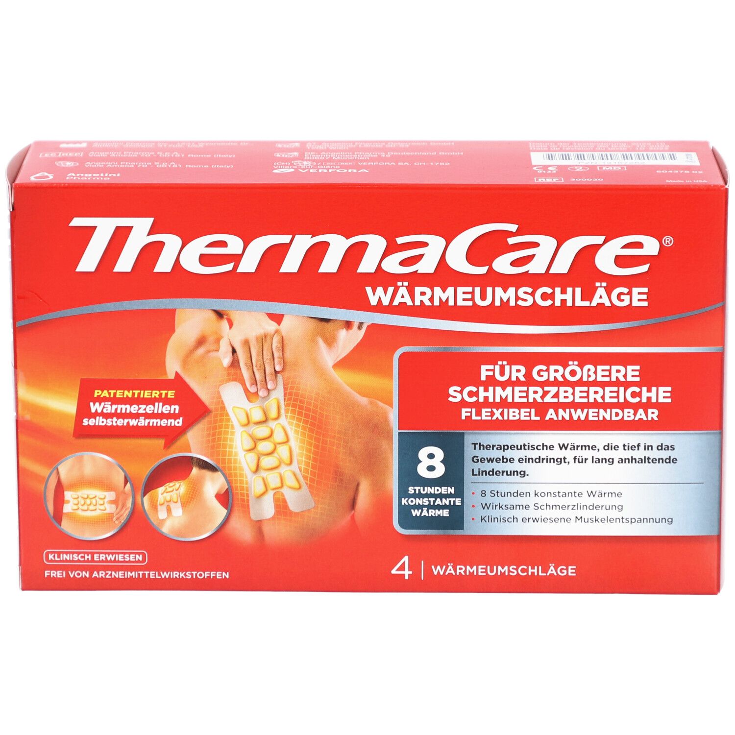 Rote ThermaCare®-Verpackung mit Wärmepflastern. Zeigt eine Abbildung des Produkts auf dem Rücken. Text: Für größere Schmerzbereiche.