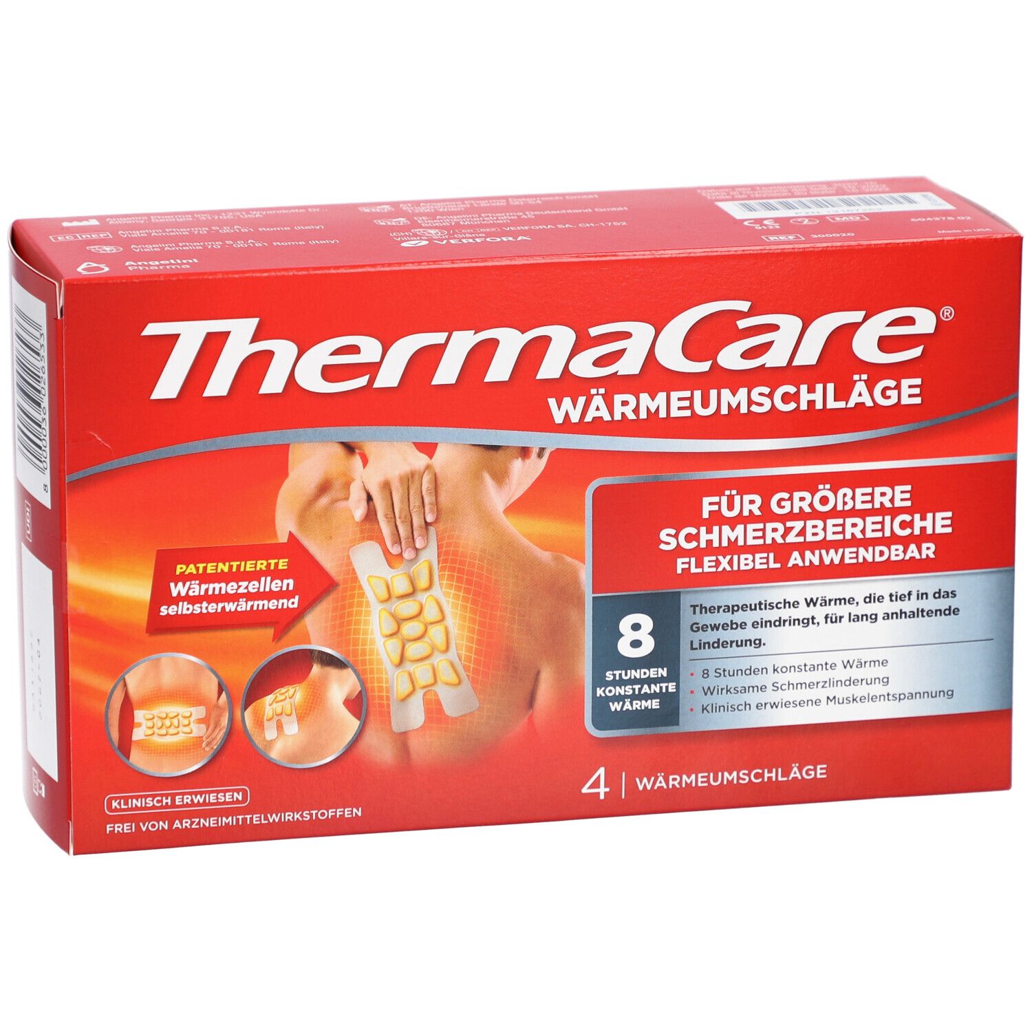 Rote ThermaCare®-Verpackung mit Wärmepflastern. Zeigt eine Abbildung des Produkts auf dem Rücken. Text: Für größere Schmerzbereiche.