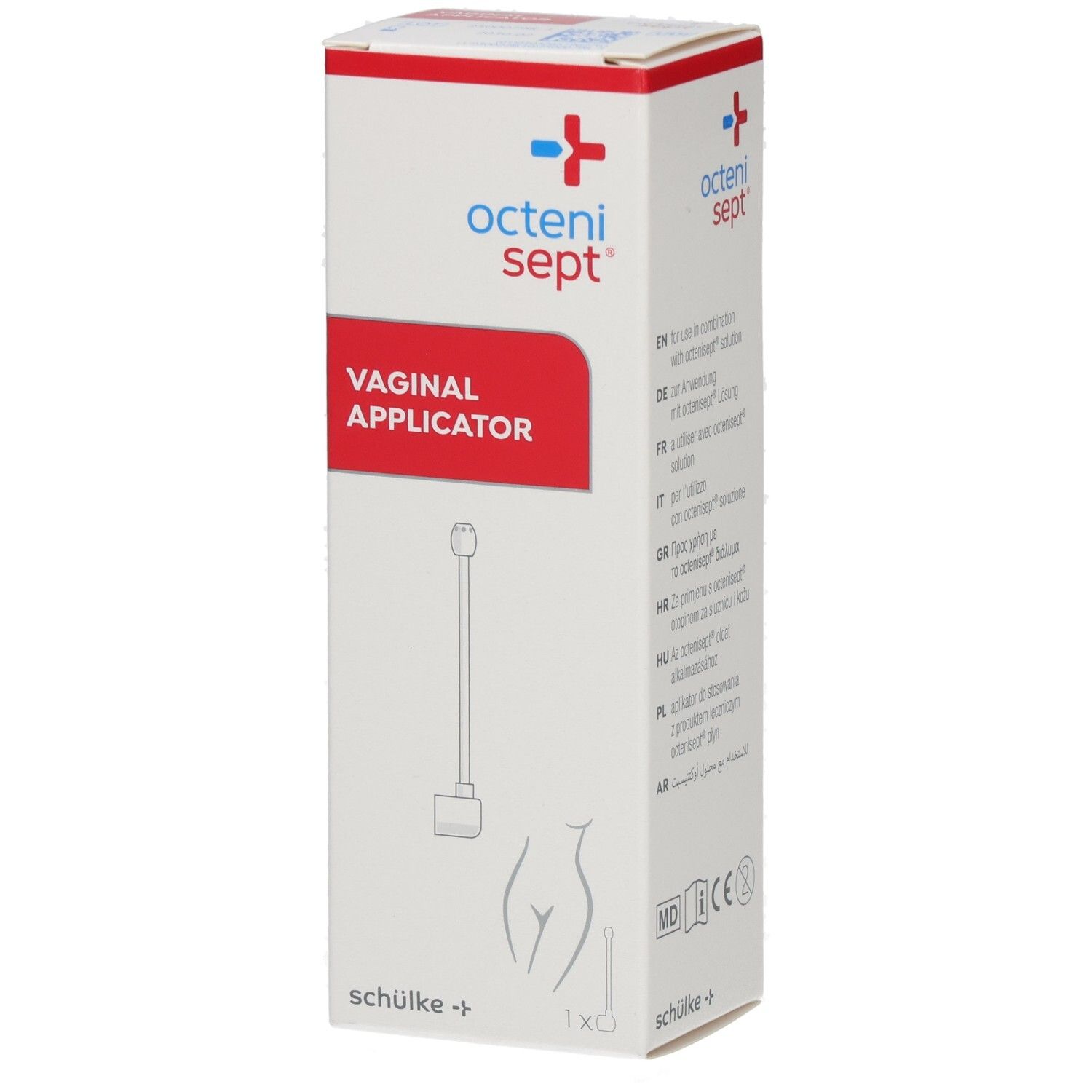 Karton mit roter Fläche und Text. Oben: octenisept. Mitte: VAGINAL APPLIKATOR. Zeichnung eines Applikators.
