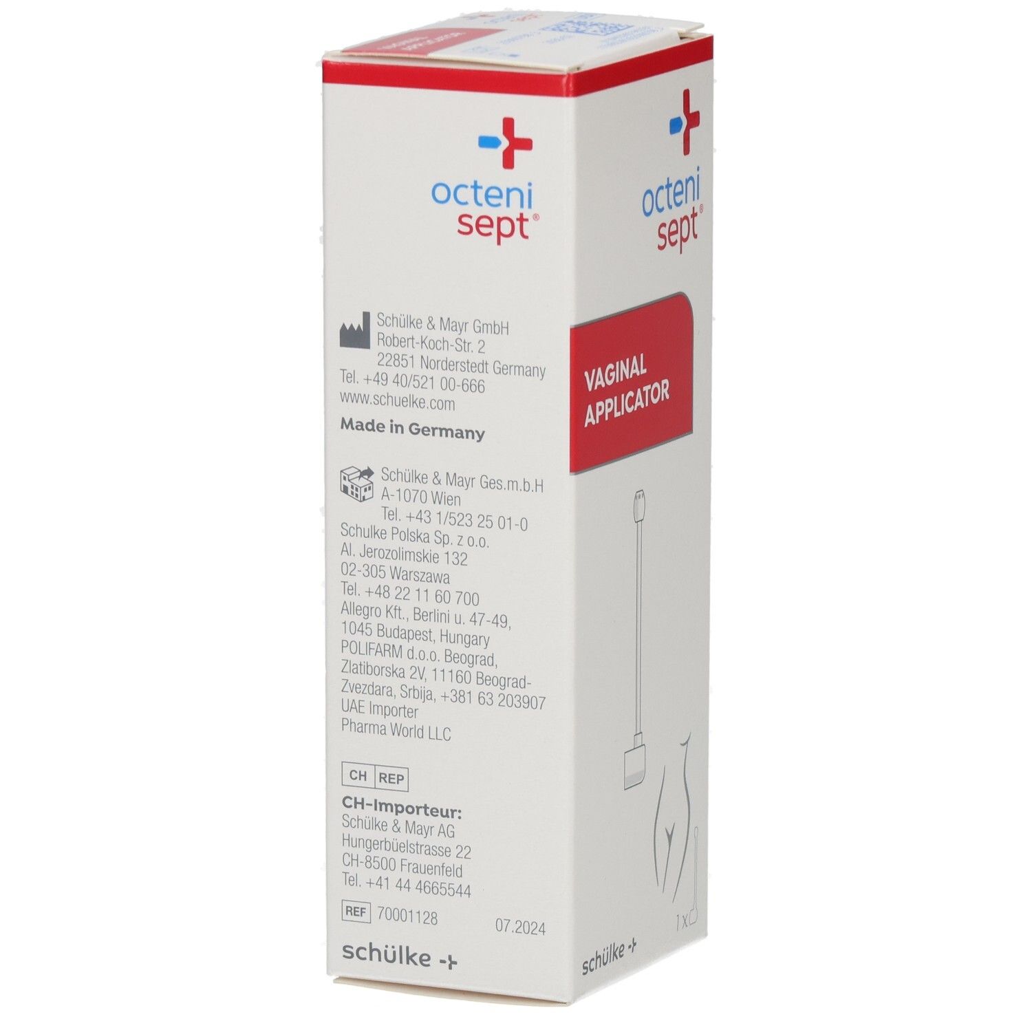 Karton mit Text und roter Fläche. Oben: octenisept. Mitte: VAGINAL APPLIKATOR. Text und Zeichnung eines Applikators.