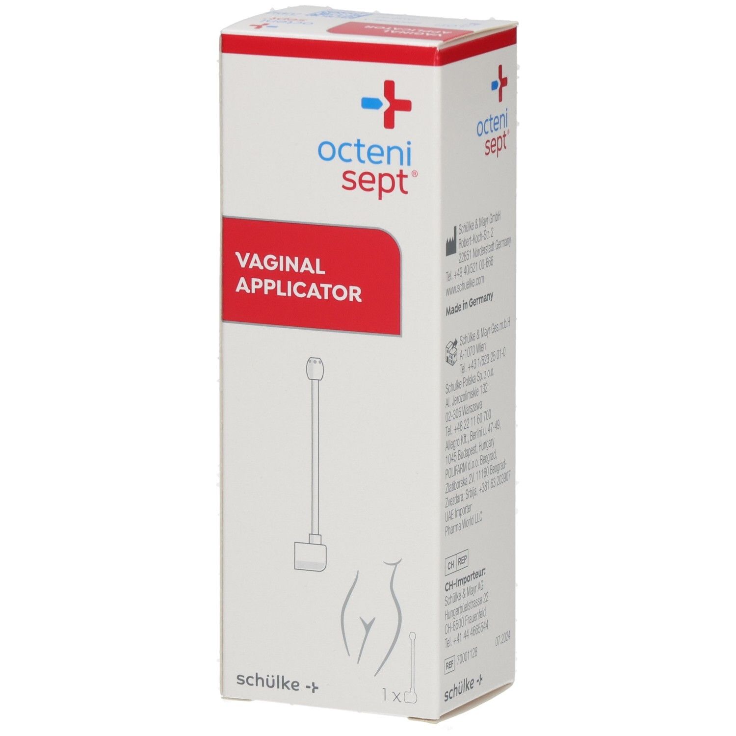 Karton mit roter Fläche und Text. Oben: octenisept. Mitte: VAGINAL APPLIKATOR. Zeichnung eines Applikators.