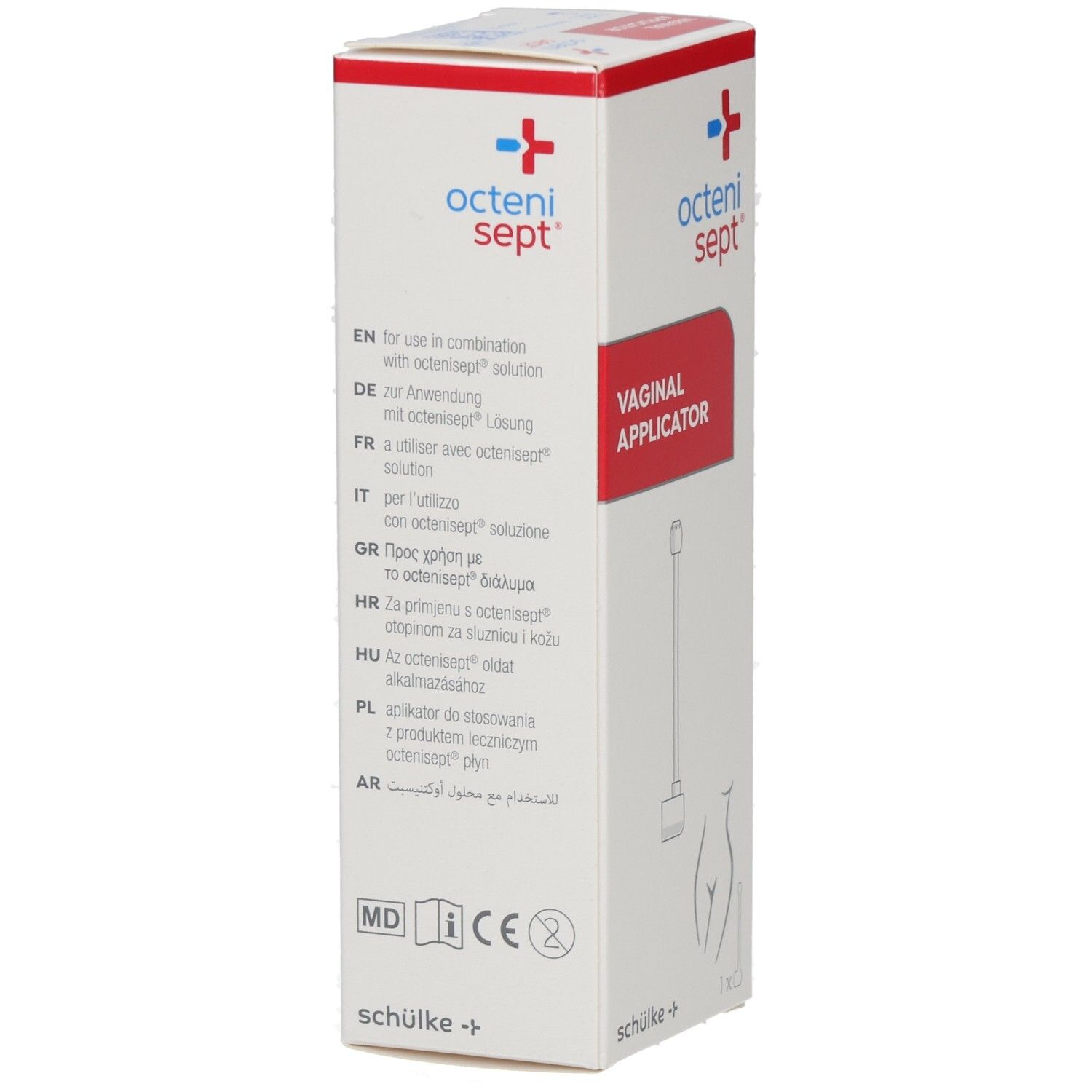 Karton mit Text und roter Fläche. Oben: octenisept. Mitte: VAGINAL APPLIKATOR. Text und Zeichnung eines Applikators.