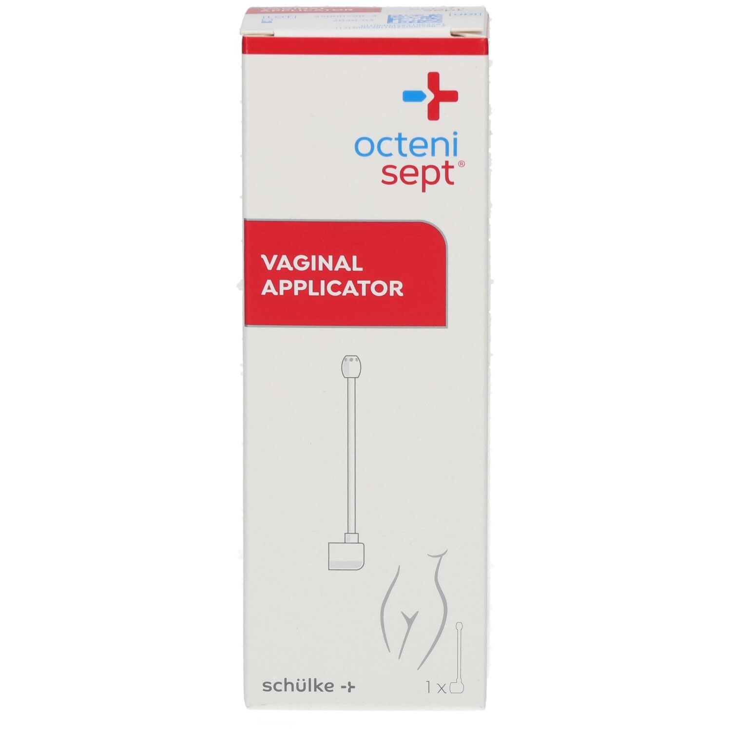 Karton mit roter Fläche und Text. Oben: octenisept. Mitte: VAGINAL APPLIKATOR. Zeichnung eines Applikators.
