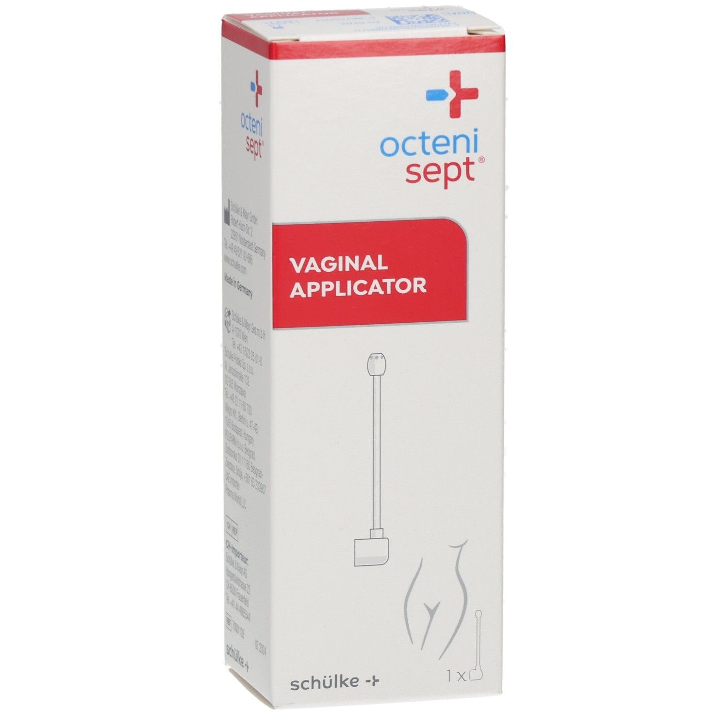 Karton mit Text und roter Fläche. Oben: octenisept. Mitte: VAGINAL APPLIKATOR. Text und Zeichnung eines Applikators.