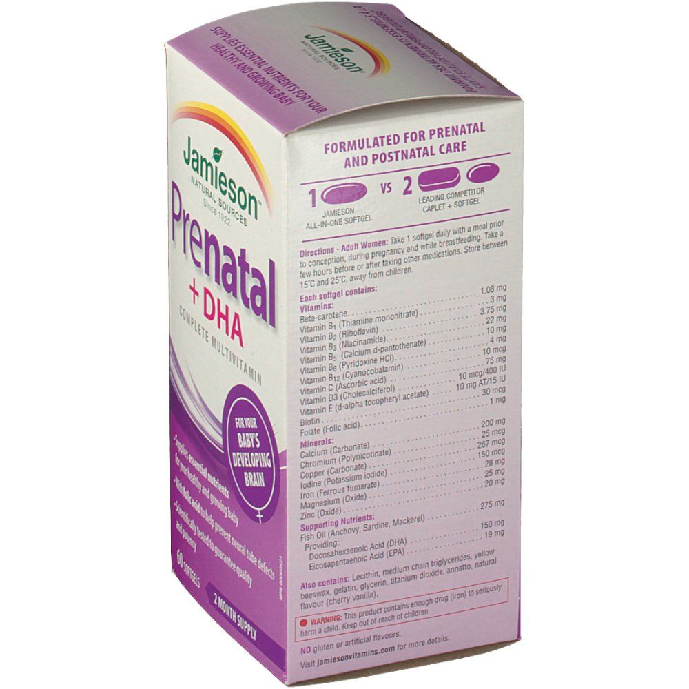 Rückseite der Jamieson Prenatal + DHA-Packung. Enthält eine Liste der Inhaltsstoffe und Dosierungsanweisungen. Weißer Text auf lila Hintergrund.