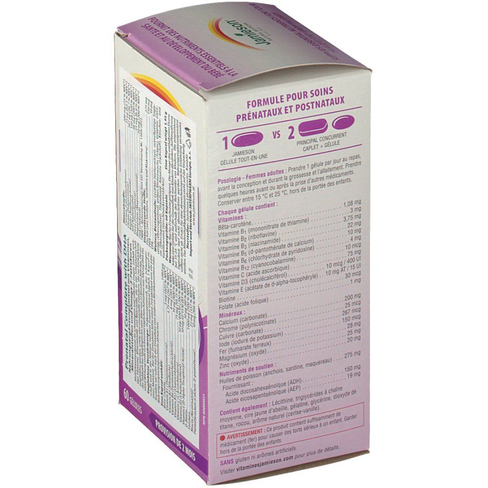 Seitenansicht der Jamieson Prenatal + DHA-Packung. Enthält Informationen über Inhaltsstoffe und Dosierung. Weißer Text auf lila Hintergrund.