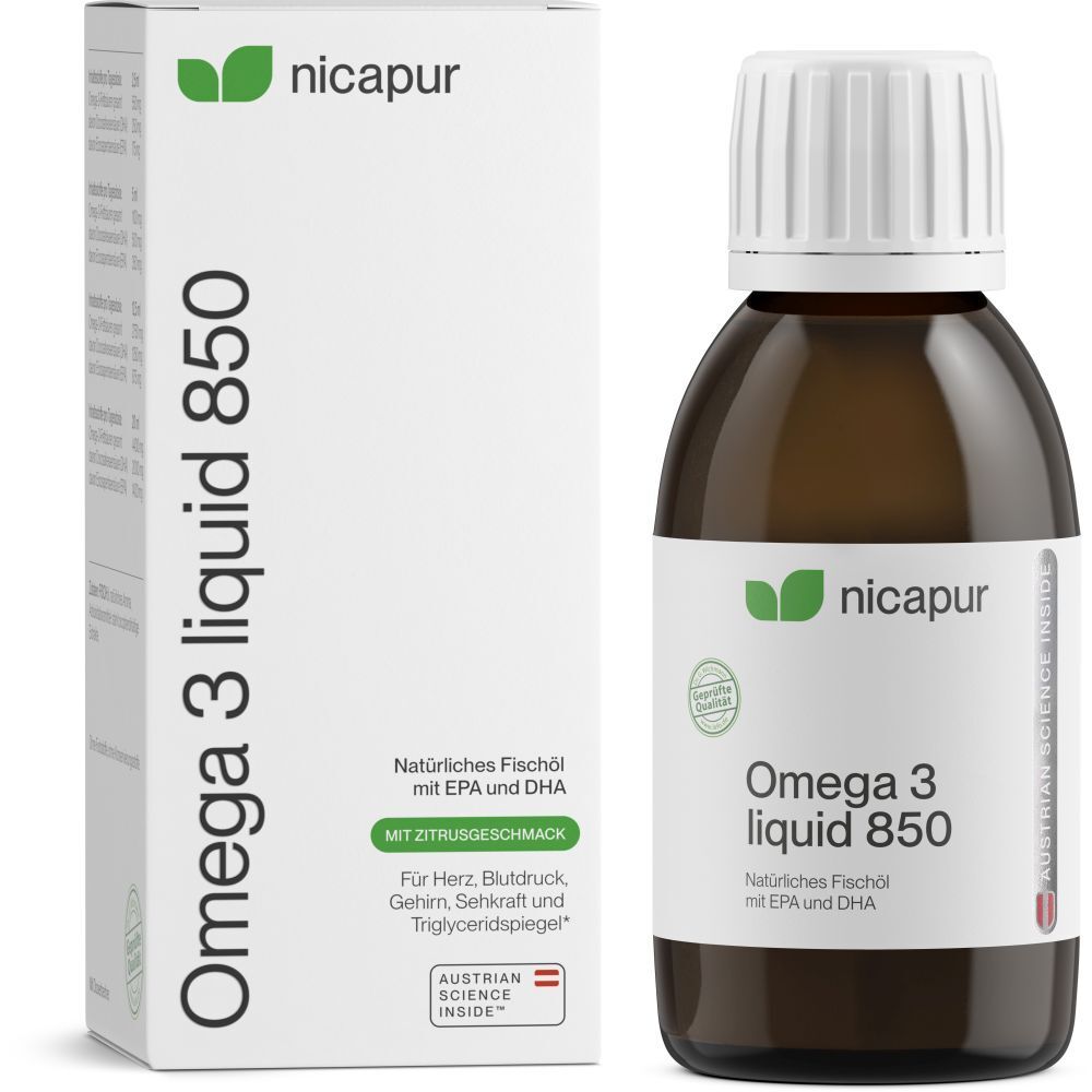 NICAPUR® Omega 3 liquid 850 Flasche und Faltschachtel mit Zitrusgeschmack.