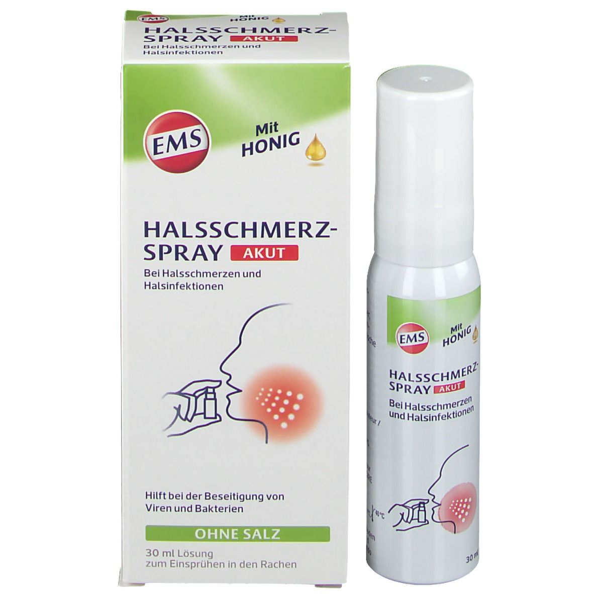 Produktverpackung und Sprühflasche. Verpackung: weiß, grün, gelb. Text: EMS Halsschmerz-Spray akut. Mit Honig. Illustration.