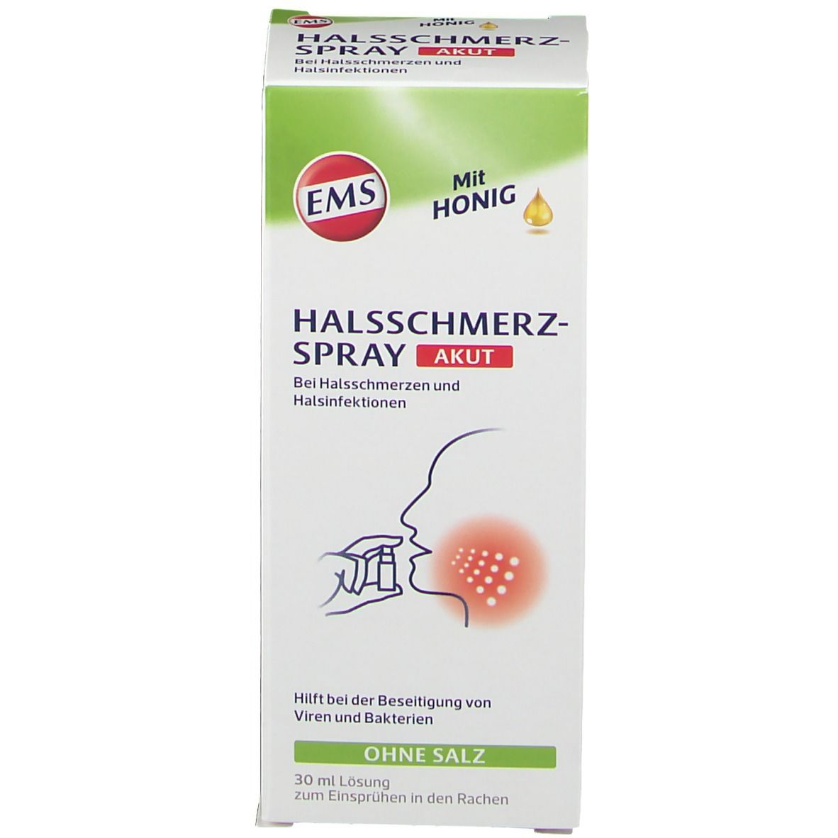 Produktverpackung. Weiß, grün, gelb. Text: EMS Halsschmerz-Spray akut. Mit Honig. Illustration eines Rachens. Ohne Salz.