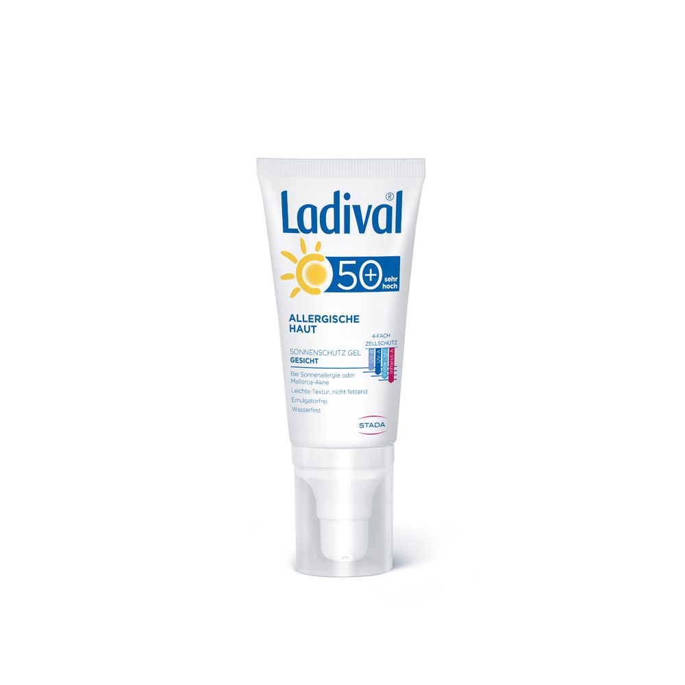 Ladival® Allergische Haut Sonnenschutz Gel Gesicht LSF 50+ Tube. Weiße Tube mit blau-gelber Beschriftung. Pumpverschluss.